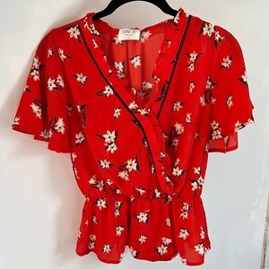 Sienna Sky Small Faux Wrap Orangish Red Floral Blouse